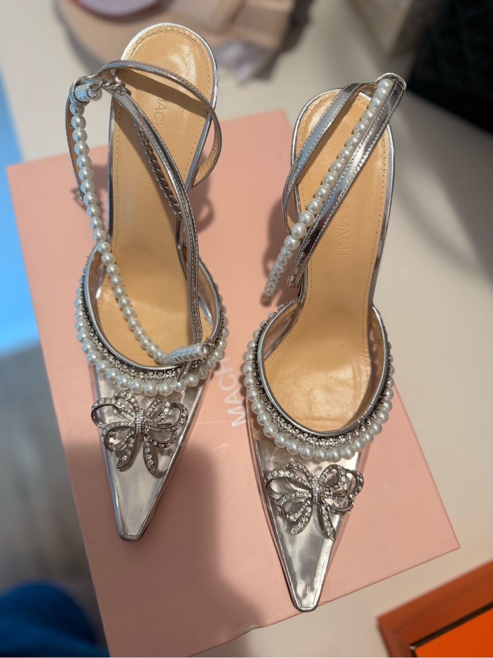 MACH & MACH Pearl Bow Crystal-Embellished Leather & PVC Pumps